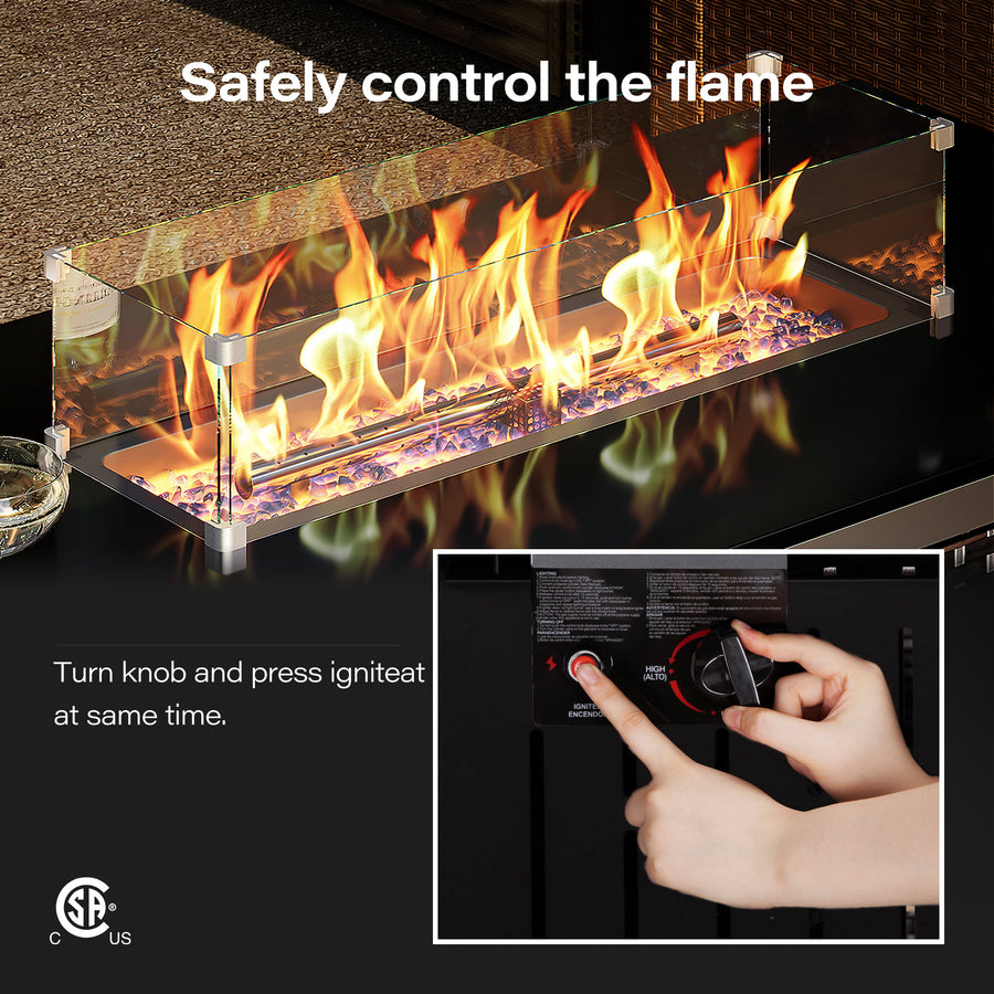 LAUSAINT HOME 43" Outdoor Fire Pit Table, 50,000 BTU Auto-Ignition Gas Fire Pit with Glass Wind Guard Propane(Metal)