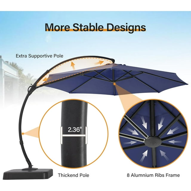 LAUSAINT HOME 12FT Sunbrella Patio Umbrella with Base, Large Hanging offset Cantilever Umbrella with 360°, Navy Blue
