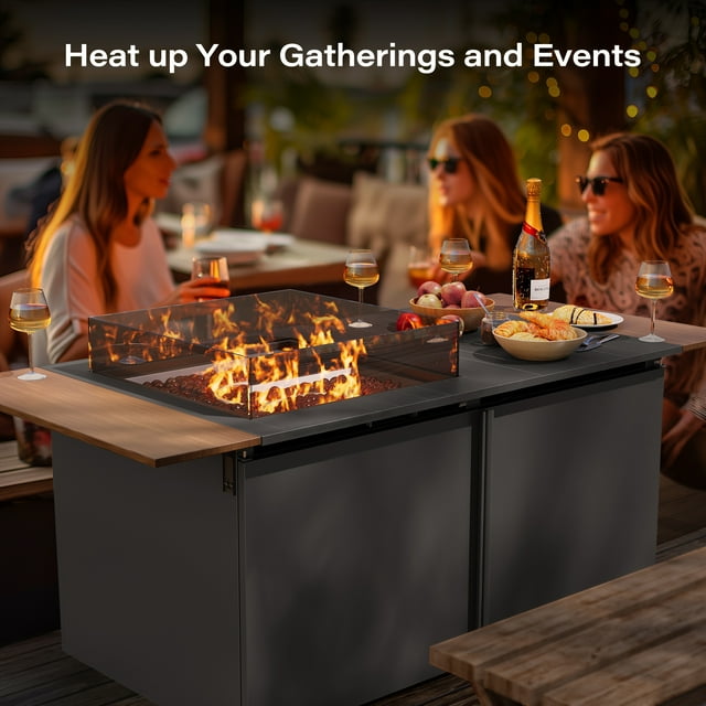 LAUSAINT HOME 64" Gas Fire Pit Table for Outside Patio, 55,000 BTU Propane Firepit with Foldable Wood Grain Tabletop & Amber Glass Beads, Black