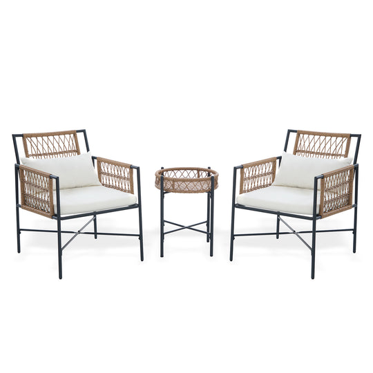 LAUSAINT HOME 3 Piece Metal Outdoor Bistro Set with Side Table and 2 Chairs, Beige Cushions