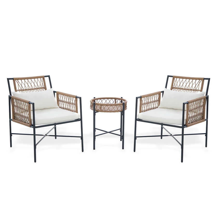 LAUSAINT HOME 3 Piece Metal Outdoor Bistro Set with Side Table and 2 Chairs, Beige Cushions