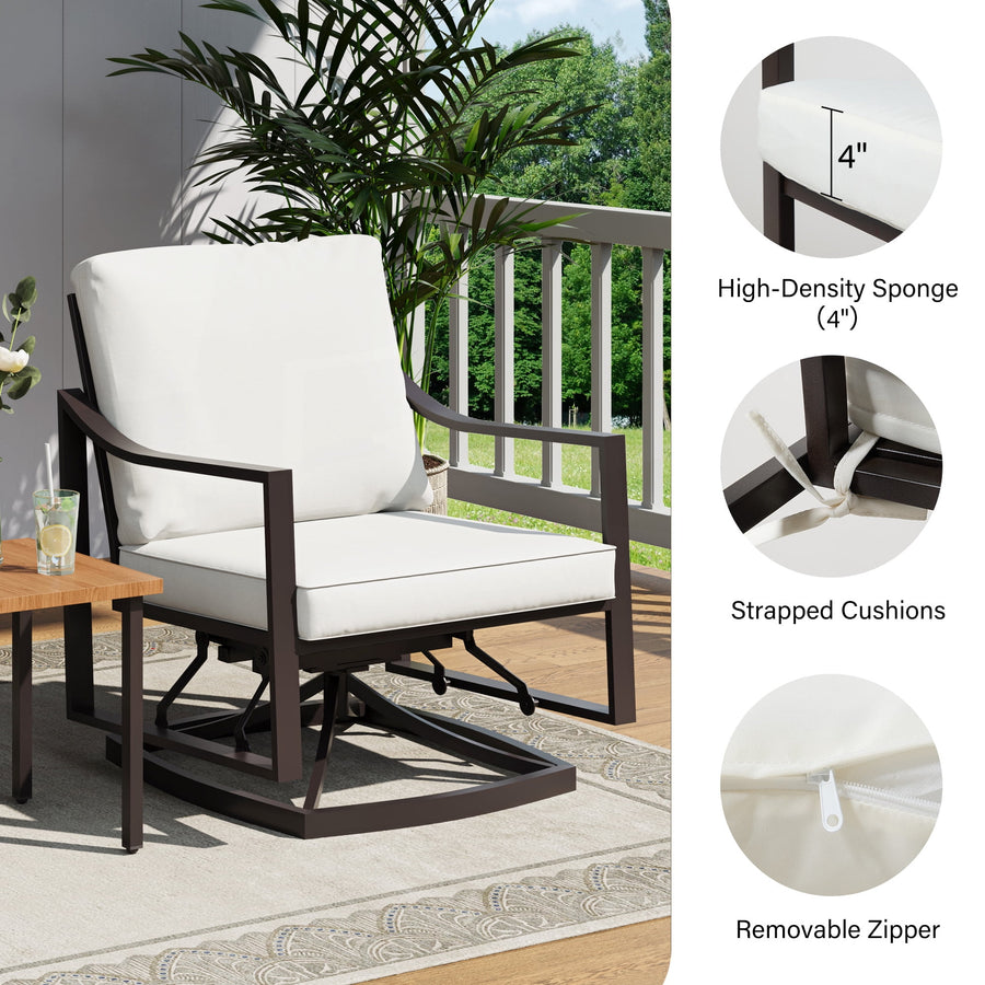LAUSAINT HOME Outdoor Rocking Bistro Set, 3 Piece Patio Conversation Set with 4" Thick Cushions & Wood-Like Coffee Table, Oversized Rocking Chairs for Garden Porch Backyard (Beige