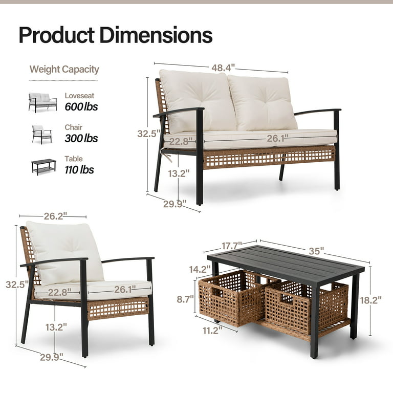 LAUSAINT HOME 6 Pieces Patio Conversation Set, Outdoor Furniture Set with 3 Chairs, 1 Metal Coffee Table and 2 Wicker Storage Baskets