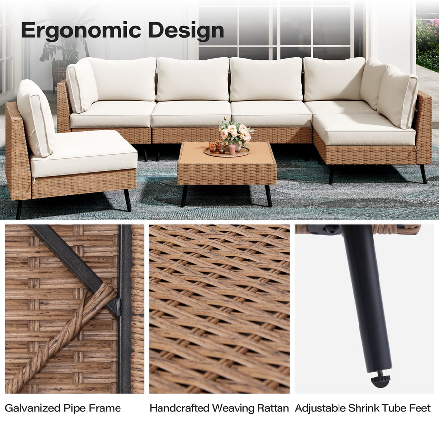 LAUSAINT HOME 7 Pieces Outdoor Furniture Set, Patio Modern Rattan Wicker Sectionals with 6 Chairs and 1 Coffee Table, Beige Cushions