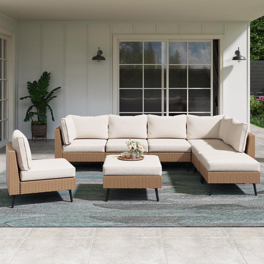 LAUSAINT HOME 8 Pieces Patio Conversation Set, Outdoor Sectional Wicker Sofa PE Rattan Furniture Set with Thick Cushions, Beige