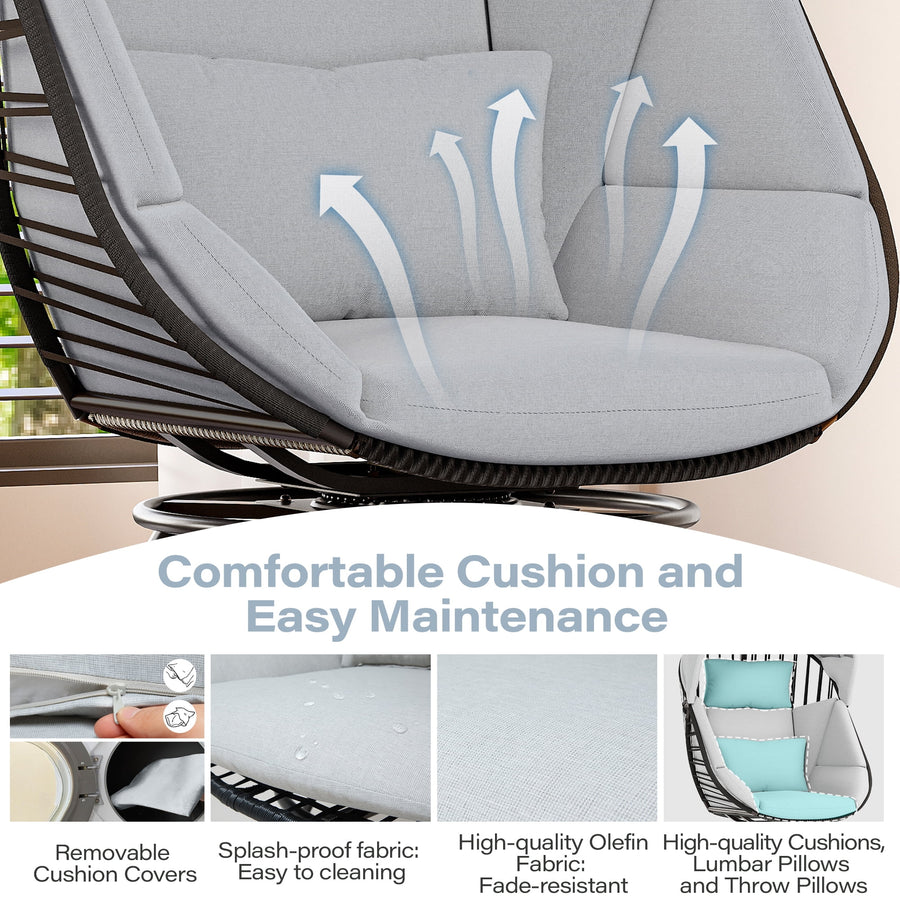 LAUSAINT HOME Oversized Wicker Egg Chair, 360° Swivel Indoor Outdoor Patio Lounger with with Cushion & Sunshade Brim