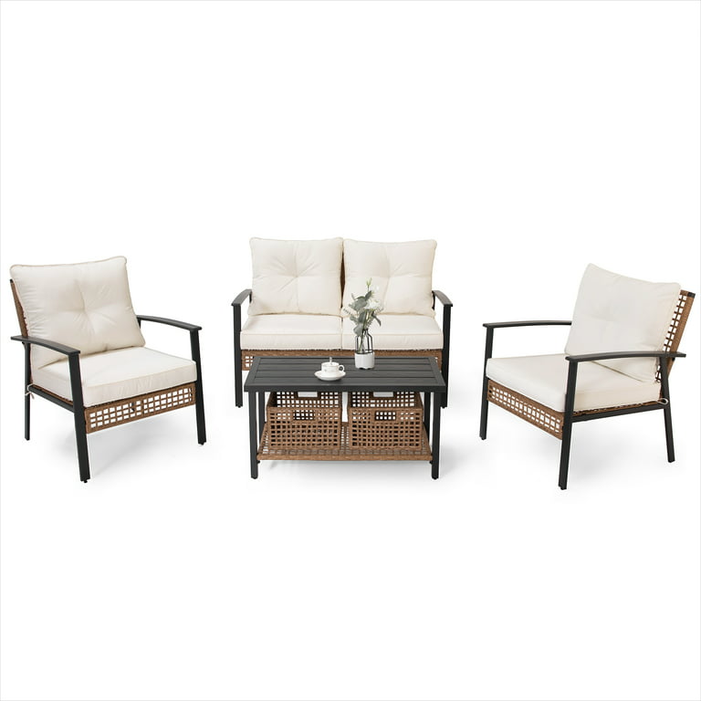 LAUSAINT HOME 6 Pieces Patio Conversation Set, Outdoor Furniture Set with 3 Chairs, 1 Metal Coffee Table and 2 Wicker Storage Baskets