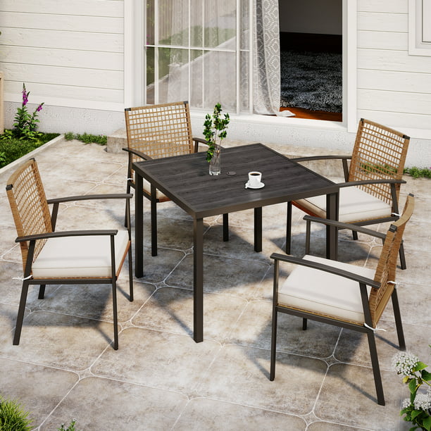 LAUSAINT HOME 5 Pieces Patio Dining Set, 4 PE Wicker Chairs with Seat Cushions and 1 Square 28.7'' H Table