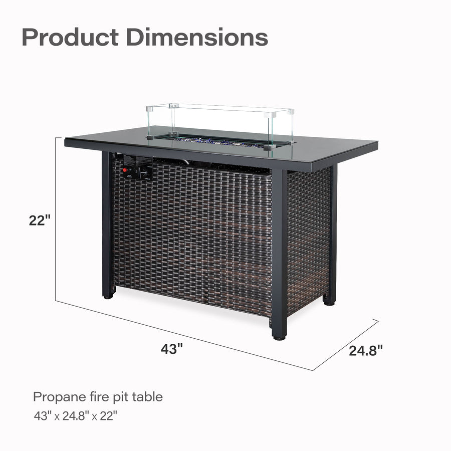 LAUSAINT HOME 43" Outdoor Fire Pit Table, 50,000 BTU Auto-Ignition Gas Fire Pit with Glass Wind Guard Propane(Rattan)