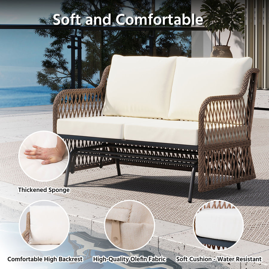 LAUSAINT HOME Outdoor Swing Glider Bench for 2 Person, Patio Furniture Rattan Chair with Beige Cushions