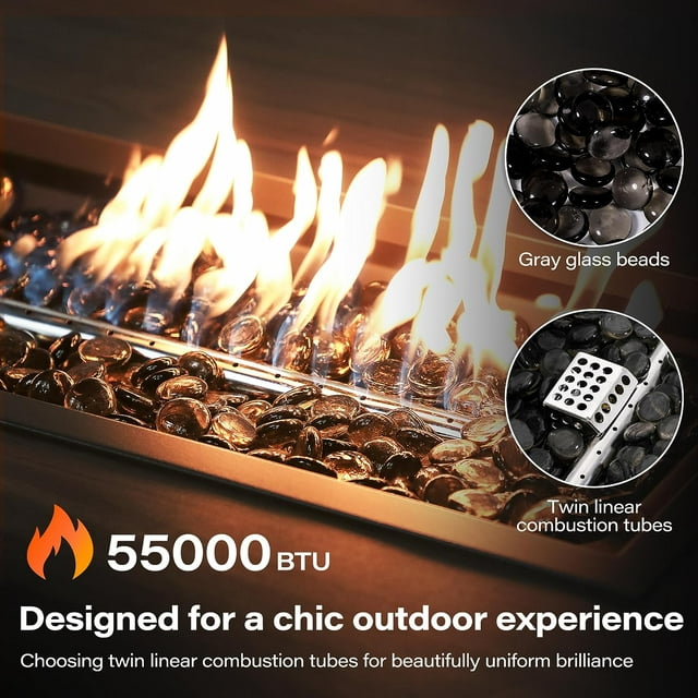 LAUSAINT HOME 43" Outdoor Fire Pit Table with Teakwood-grain Tabletop, 55,000 BTU Patio Propane Gas Fire Pit with Gray Glass Beads & Windshield, Metal