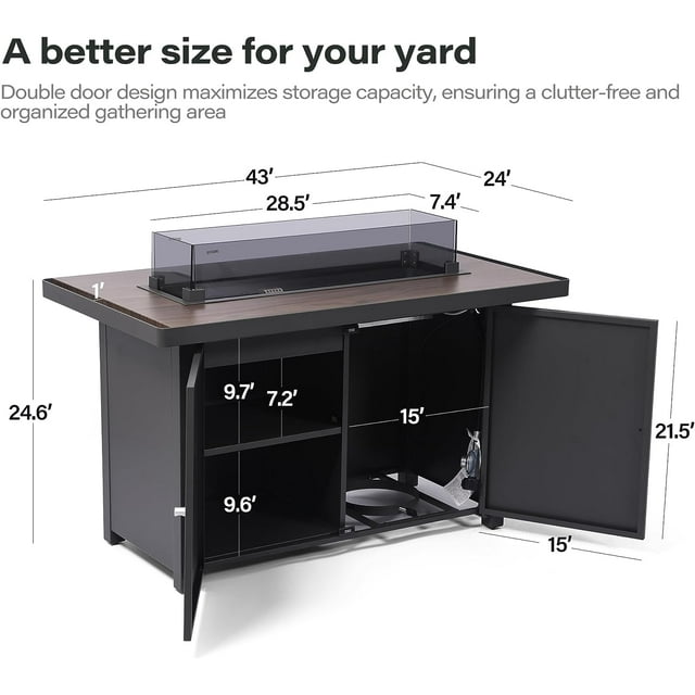 LAUSAINT HOME 43" Outdoor Fire Pit Table with Teakwood-grain Tabletop, 55,000 BTU Patio Propane Gas Fire Pit with Gray Glass Beads & Windshield, Metal