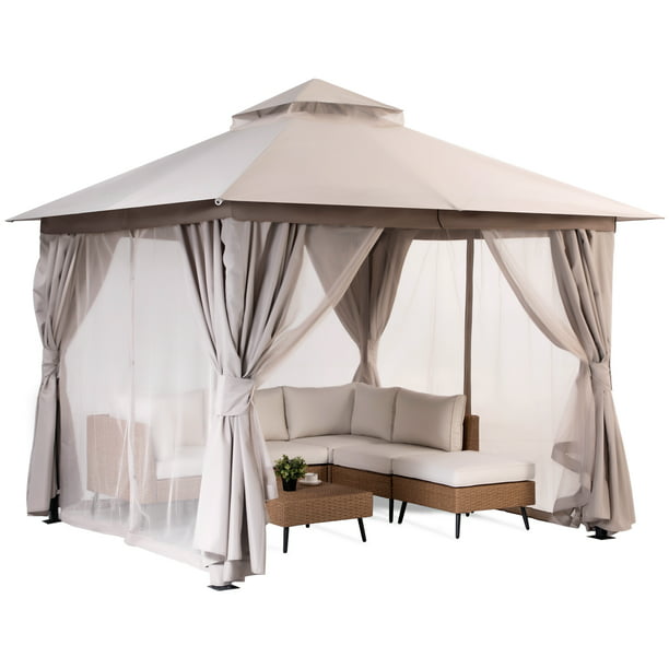 LAUSAINT HOME Patio Gazebo 10'x10' with Expansion Bolts, Double Roofs Outdoor Shelter Tent with Nettings and Privacy Screens (Khaki)