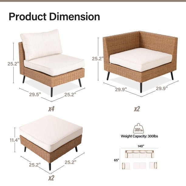 LAUSAINT HOME 8 Pieces Patio Conversation Set, Outdoor Sectional Wicker Sofa PE Rattan Furniture Set with Thick Cushions, Beige