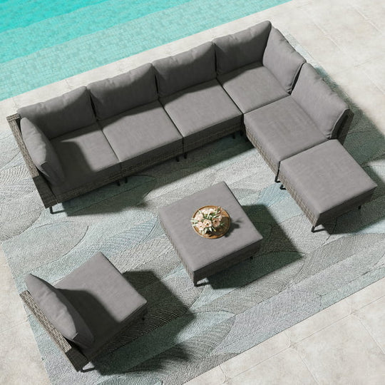 LAUSAINT HOME 8 Pieces Patio Conversation Set, Outdoor Sectional Wicker Sofa PE Rattan Furniture Set with Thick Cushions, Gray