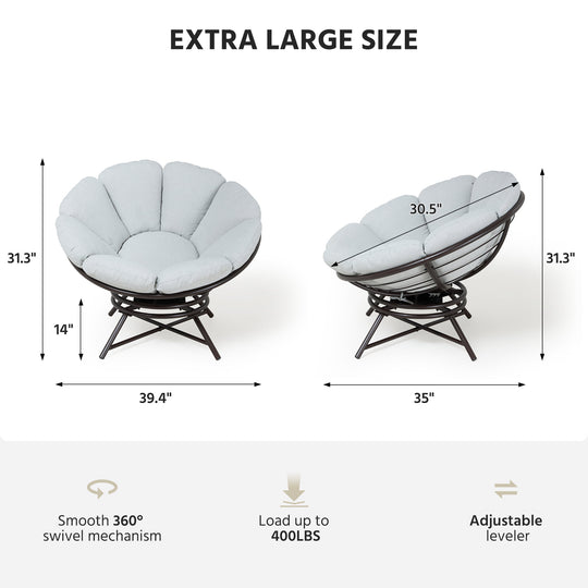 LAUSAINT HOME 40'' Papasan Chair, 360° Swivel Accent Chair with Ergonomic Petal-Shaped Gray Cushion, Olefin Fabric, Supports up to 400 lbs