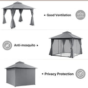 LAUSAINT HOME Patio Gazebo 10'x10' with Expansion Bolts, Double Roofs Outdoor Shelter Tent with Nettings and Privacy Screens (Gray)