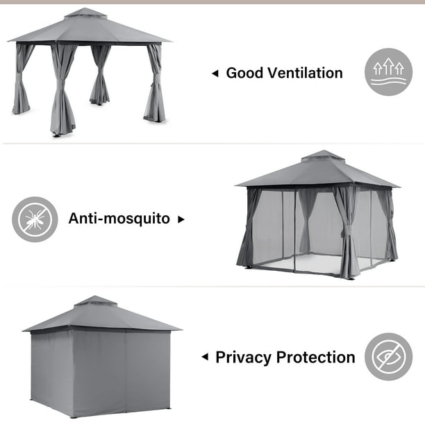 LAUSAINT HOME Patio Gazebo 10'x10' with Expansion Bolts, Double Roofs Outdoor Shelter Tent with Nettings and Privacy Screens (Gray)