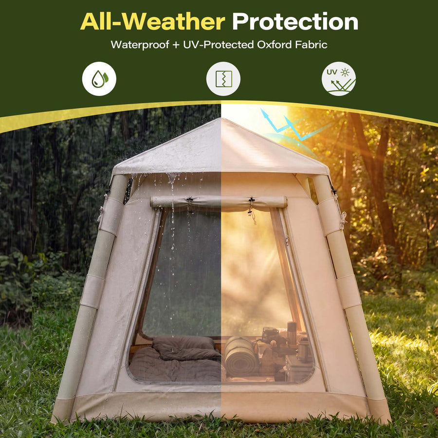 KAMEROUT Inflatable Tent 3 Person Glamping Tent with Easy Air Pump Setup, All-Weather Waterproof Oxford Luxury Blow Up Air Camping Tent with Mesh Window, Inflatable House, Khaki