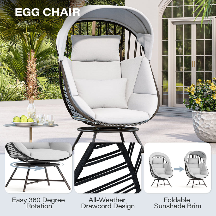 LAUSAINT HOME Oversized Wicker Egg Chair, 360° Swivel Indoor Outdoor Patio Lounger with with Cushion & Sunshade Brim