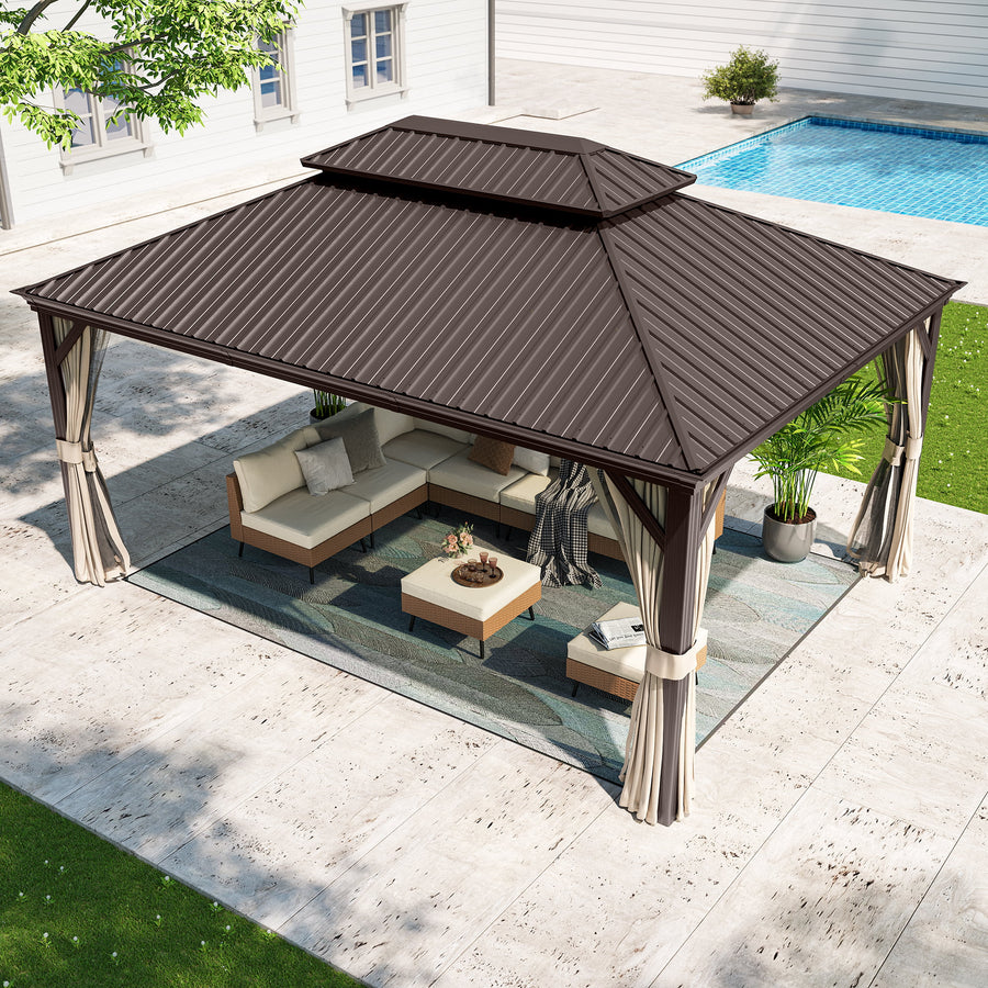 LAUSAINT HOME 12' x 16' Hardtop Patio Gazebo, 2-Tier Permanent Aluminum Hardtop with Mosquito Net and Privacy Curtain