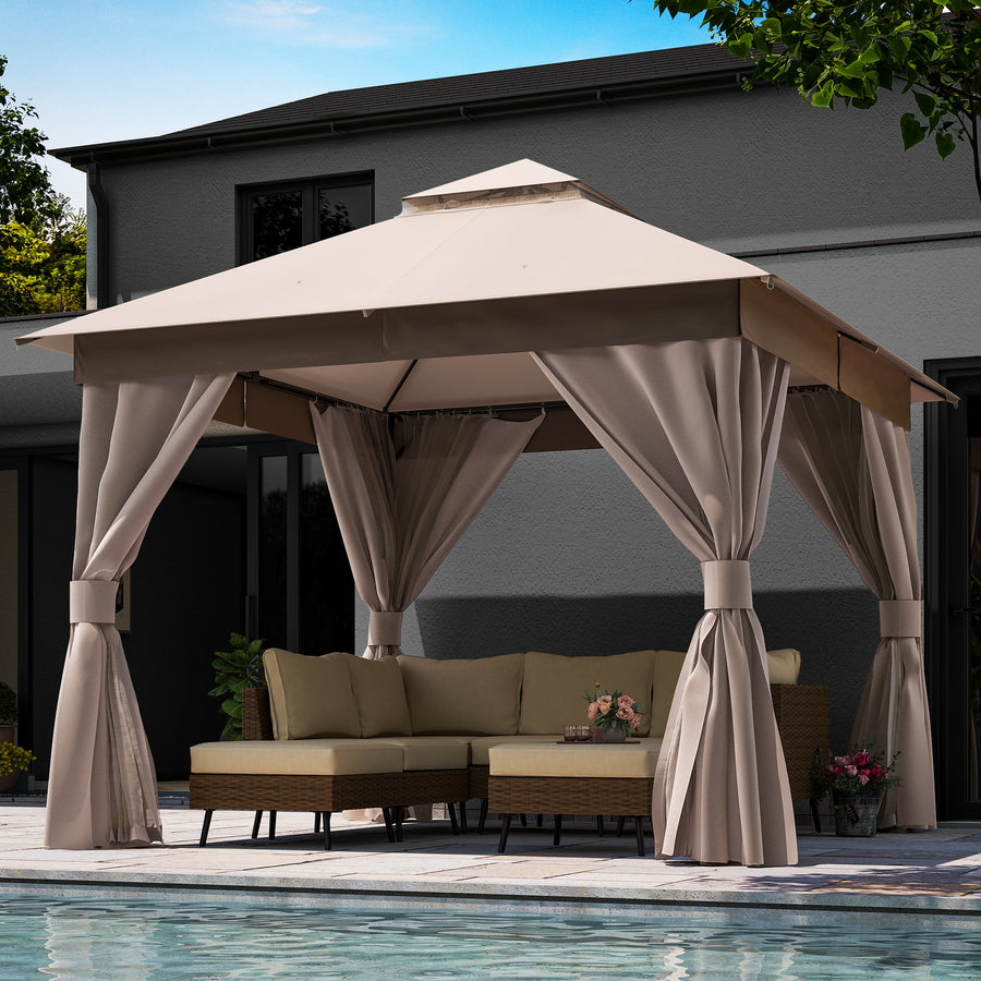 LAUSAINT HOME Patio Gazebo 10'x10' with Expansion Bolts, Double Roofs Outdoor Shelter Tent with Nettings and Privacy Screens (Khaki)