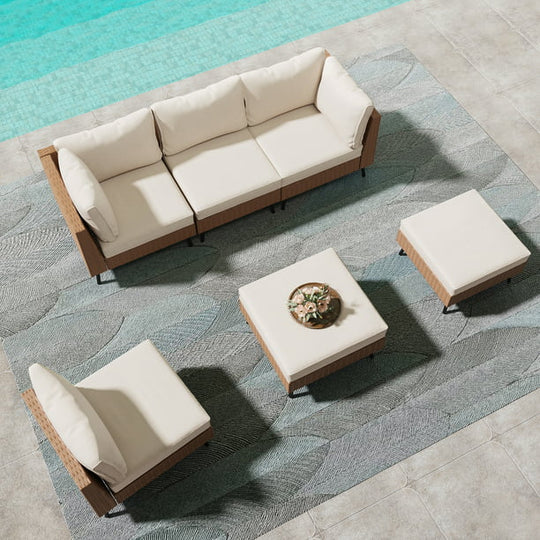 LAUSAINT HOME 6 Pieces Patio Conversation Set, Outdoor Sectional Wicker Sofa PE Rattan Furniture Set with Thick Cushions, Beige