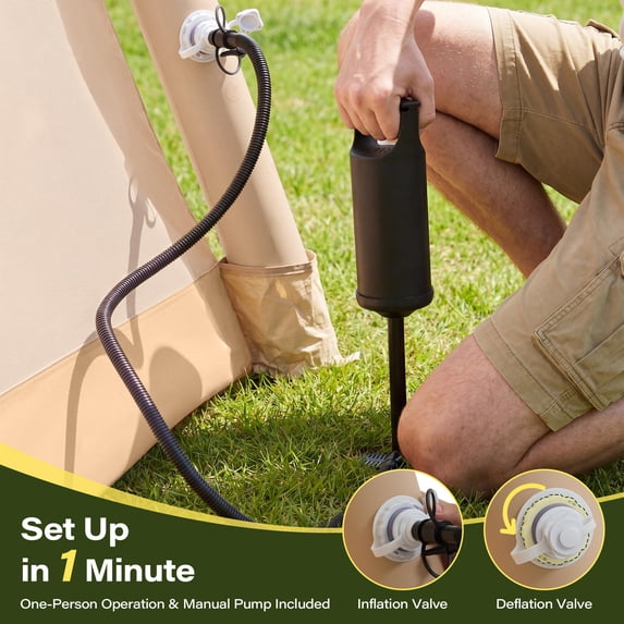 KAMEROUT Inflatable Tent 3 Person Glamping Tent with Easy Air Pump Setup, All-Weather Waterproof Oxford Luxury Blow Up Air Camping Tent with Mesh Window, Inflatable House, Khaki