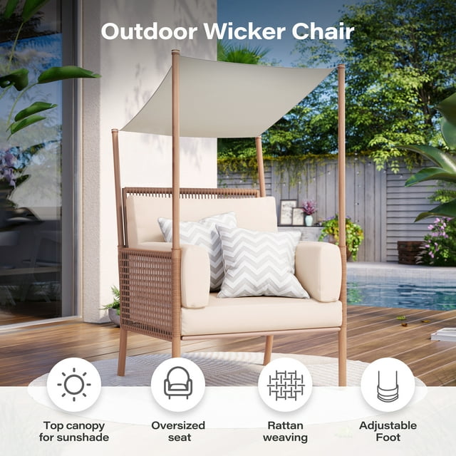 LAUSAINT HOME Outdoor Wicker Chair with Top Canopy for Sunshade, Oversized Patio Rattan Chair with Plush Beige Cushions
