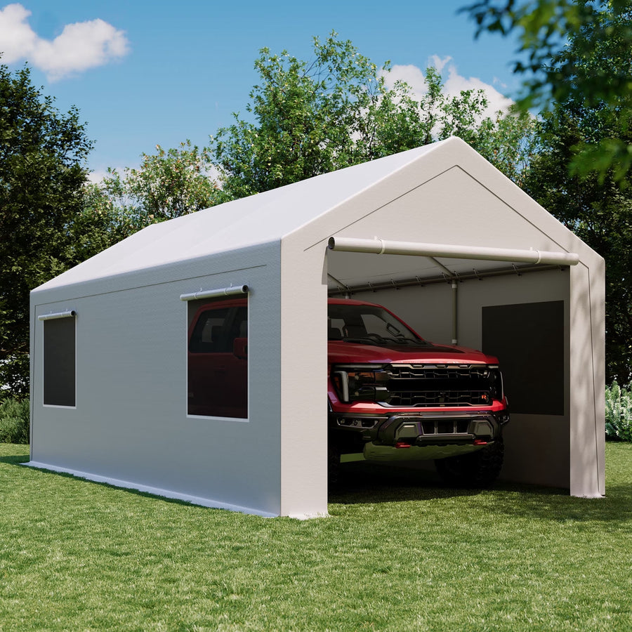 Lausaint Home 12'x20' Heavy Duty Carport, All-Weather Car Canopy Shelter with Removable Sidewalls & Doors, Gray