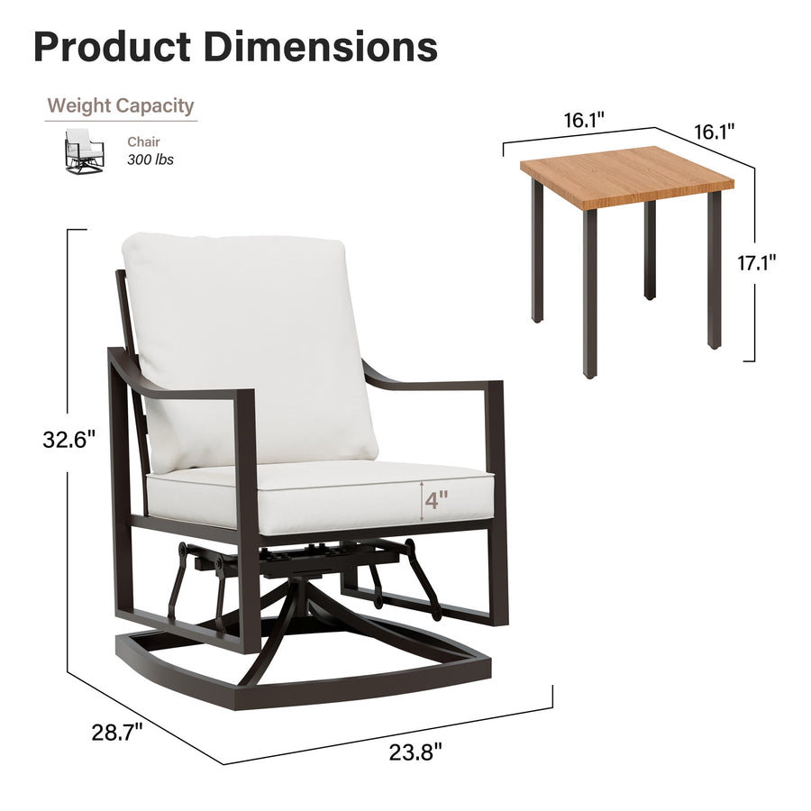 LAUSAINT HOME Outdoor Rocking Bistro Set, 3 Piece Patio Conversation Set with 4" Thick Cushions & Wood-Like Coffee Table, Oversized Rocking Chairs for Garden Porch Backyard (Beige