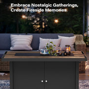 LAUSAINT HOME 43" Outdoor Fire Pit Table with Teakwood-grain Tabletop, 55,000 BTU Patio Propane Gas Fire Pit with Gray Glass Beads & Windshield, Metal