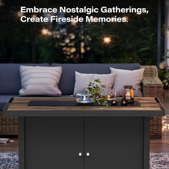 LAUSAINT HOME 43" Outdoor Fire Pit Table with Teakwood-grain Tabletop, 55,000 BTU Patio Propane Gas Fire Pit with Gray Glass Beads & Windshield, Metal