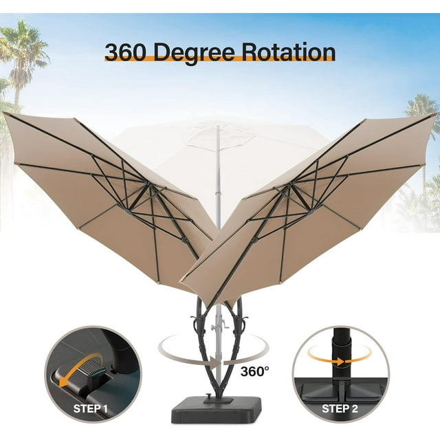LAUSAINT HOME 12FT Sunbrella Patio Umbrella with Base, Large Hanging offset Cantilever Umbrella with 360°, Champagne