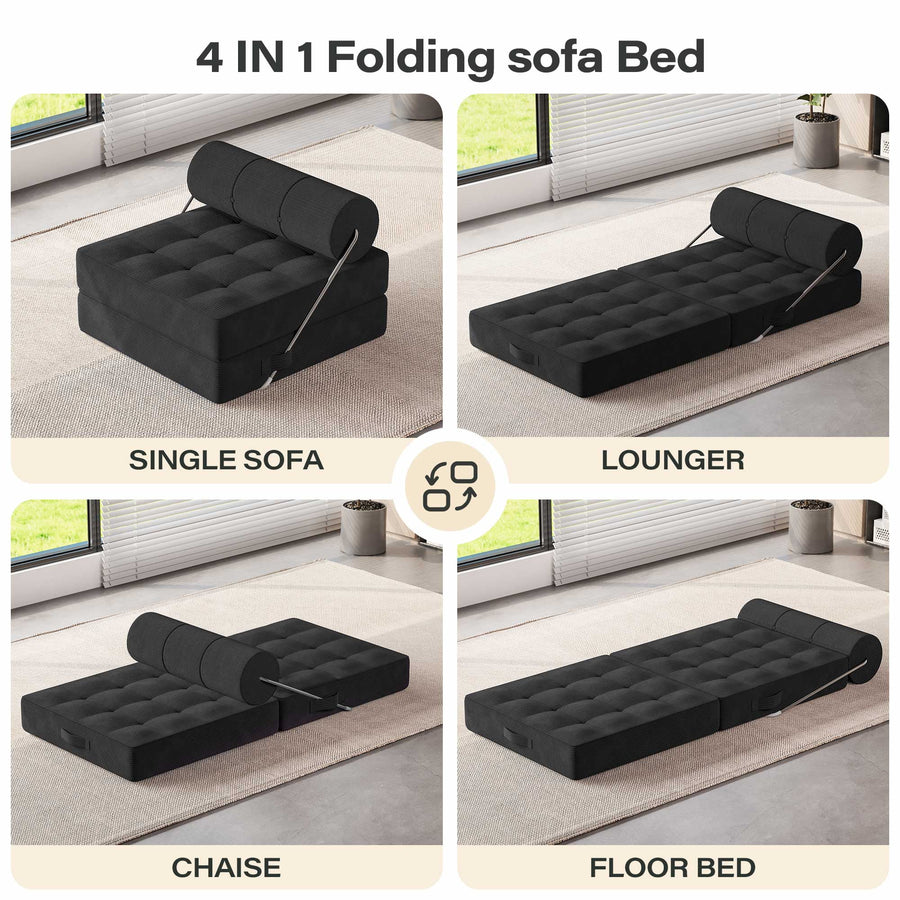LAUSAINT HOME Folding Sofa Bed, 4-in-1 Convertible Sleeper Chair with Backrest Support and Soft Corduroy Fabric, Black