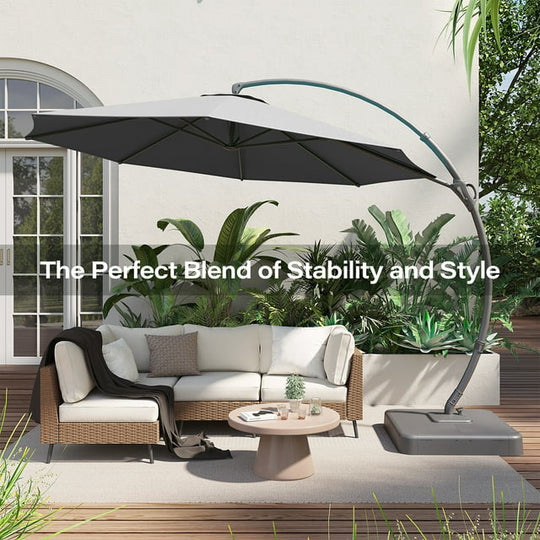 LAUSAINT HOME 12FT Deluxe Patio Umbrella with Base, Outdoor Large Hanging Cantilever Curvy Umbrella with 360°, Gray