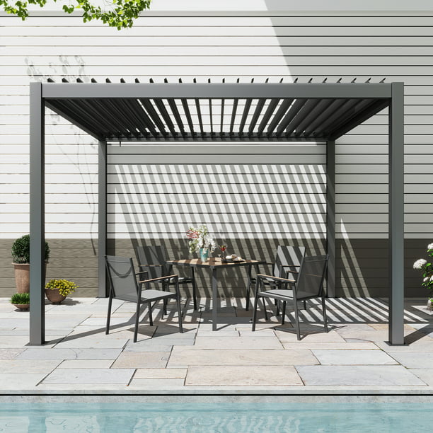 LAUSAINT HOME Outdoor Louvered Pergola Shade 10'x13' with Gutter, Well Engineered Sun Shade Shelter Kit with Adjustable Roof, All Aluminum, Black