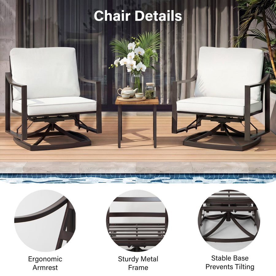 LAUSAINT HOME Outdoor Rocking Bistro Set, 3 Piece Patio Conversation Set with 4" Thick Cushions & Wood-Like Coffee Table, Oversized Rocking Chairs for Garden Porch Backyard (Beige