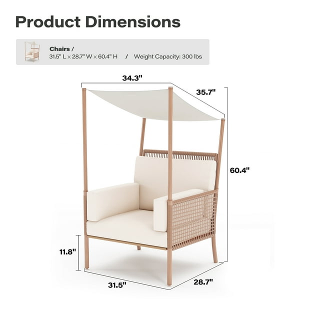 LAUSAINT HOME Outdoor Wicker Chair with Top Canopy for Sunshade, Oversized Patio Rattan Chair with Plush Beige Cushions