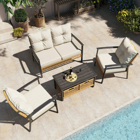 LAUSAINT HOME 6 Pieces Patio Conversation Set, Outdoor Furniture Set with 3 Chairs, 1 Metal Coffee Table and 2 Wicker Storage Baskets