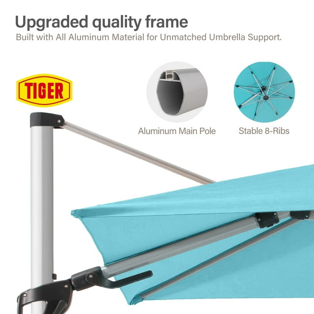 LAUSAINT HOME 10FT Patio Umbrella, Outdoor Large Cantilever Umbrella with 360° Rotation, Turquoise Blue
