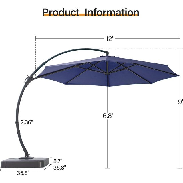 LAUSAINT HOME 12FT Sunbrella Patio Umbrella with Base, Large Hanging offset Cantilever Umbrella with 360°, Navy Blue