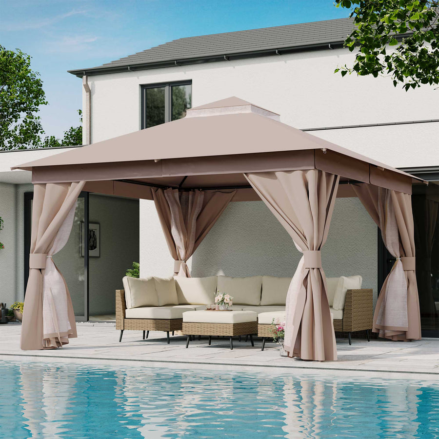 LAUSAINT HOME 10'x13' Outdoor Patio Gazebo, Heavy Duty Semi-Permanent Gazebo Tent with Double Roof, Mosquito Netting & Privacy Curtains, Metal Frame Backyard Canopy for Garden, Lawn, Party, Khaki
