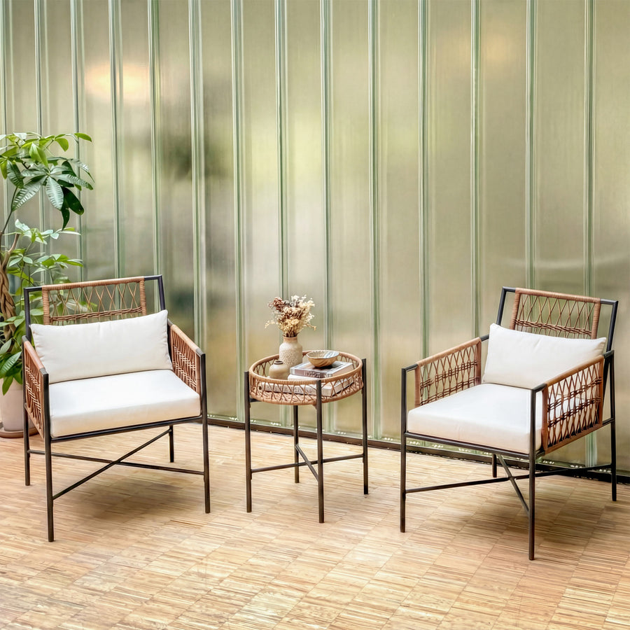 LAUSAINT HOME 3 Piece Metal Outdoor Bistro Set with Side Table and 2 Chairs, Beige Cushions