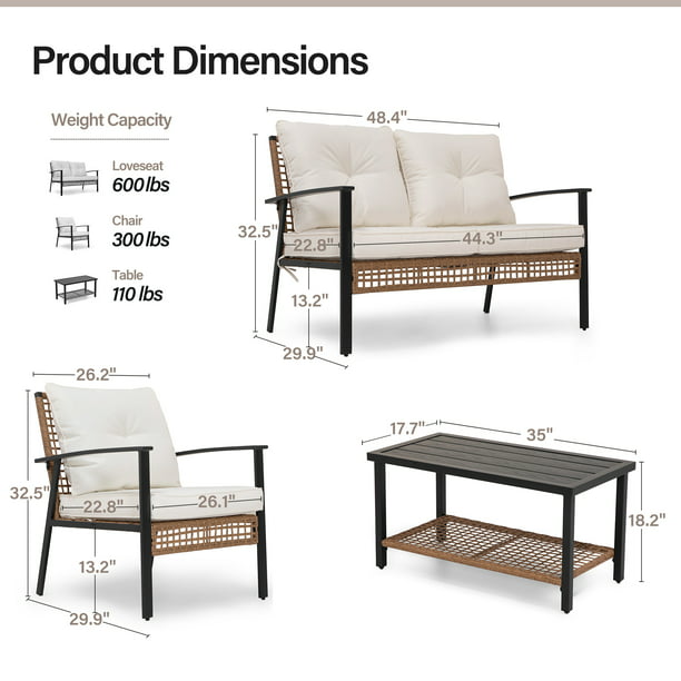 LAUSAINT HOME 4 Pieces Outdoor Patio Conversation Set with Cushions and 2-Tiers Storage Metal Coffee Table