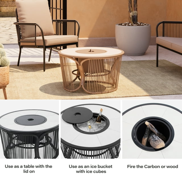 LAUSAINT HOME 4 Pieces Outdoor Patio Conversation Set with Wicker Fire Pit, 2 Chairs & 1 Loveseat, Beige