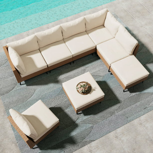LAUSAINT HOME 8 Pieces Patio Conversation Set, Outdoor Sectional Wicker Sofa PE Rattan Furniture Set with Thick Cushions, Beige