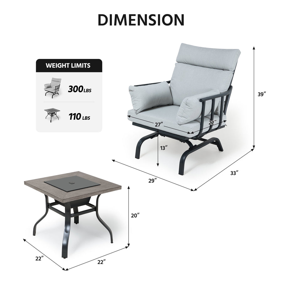 LAUSAINT HOME 3 Pieces Patio Outdoor Conversation Set, Patio Bistro Set with 2 Spring Chairs & 1 Ice Bucket Table, Gray Cushions