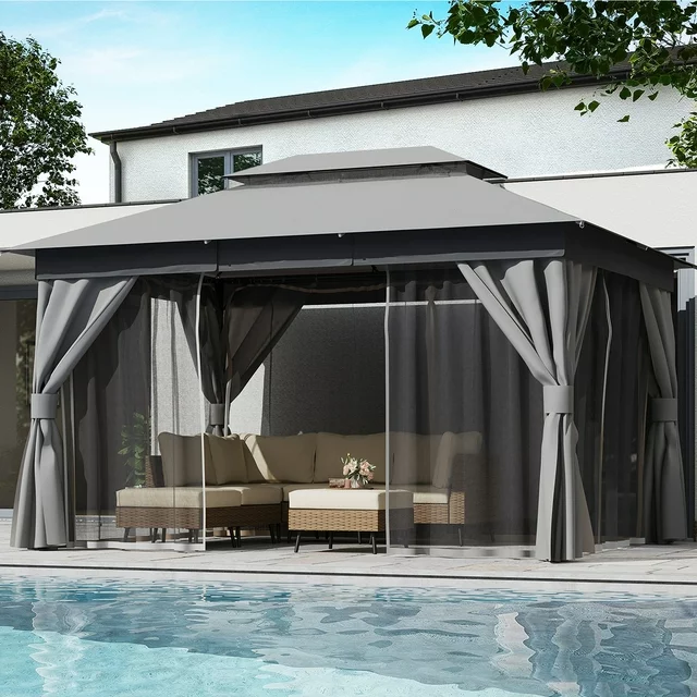 LAUSAINT HOME 10'x13' Patio Gazebo, Double Roof Outdoor Shelter Tent with Nettings and Privacy Screens, Gray