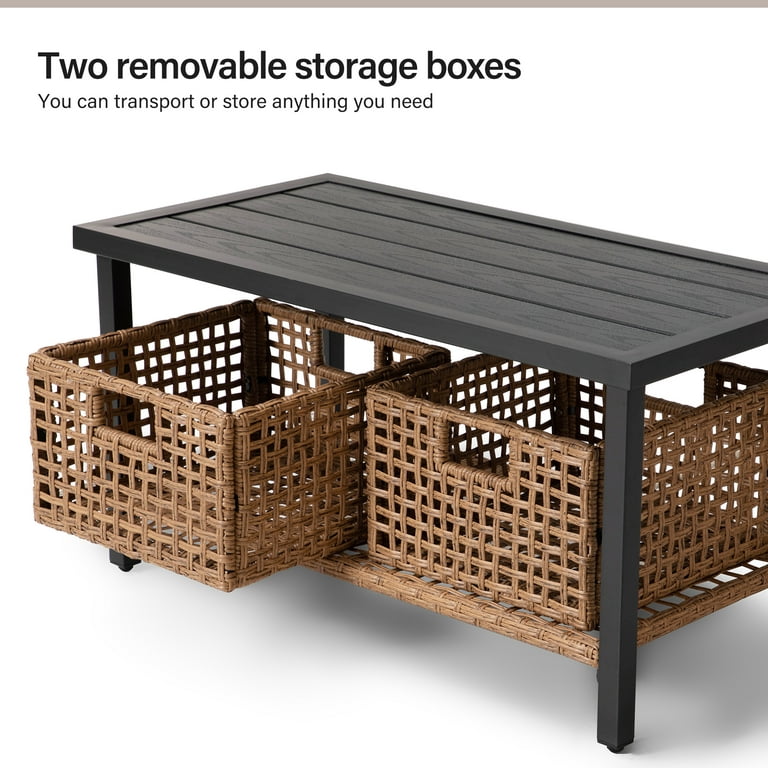 LAUSAINT HOME 6 Pieces Patio Conversation Set, Outdoor Furniture Set with 3 Chairs, 1 Metal Coffee Table and 2 Wicker Storage Baskets